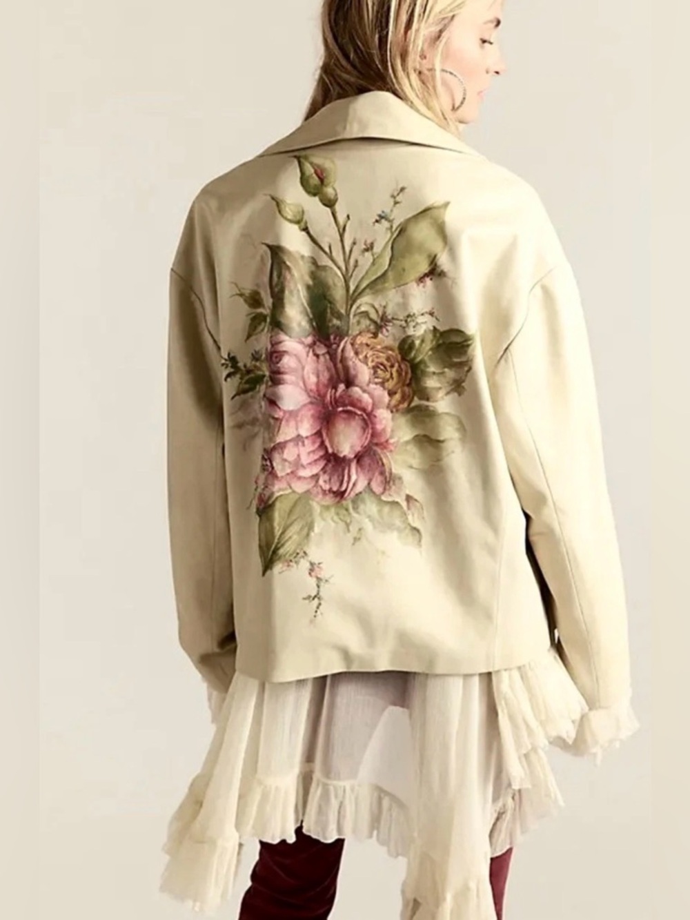 Free People X Nigel Preston Roses Leather Jacket Floral Rose Graphic Ivory